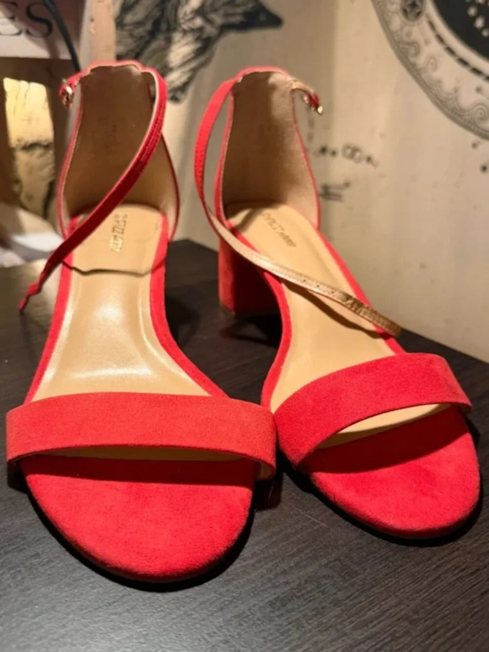 Women's Size 10 Pizz Annu Scarlet Red Chunky Open-toed Short Heels